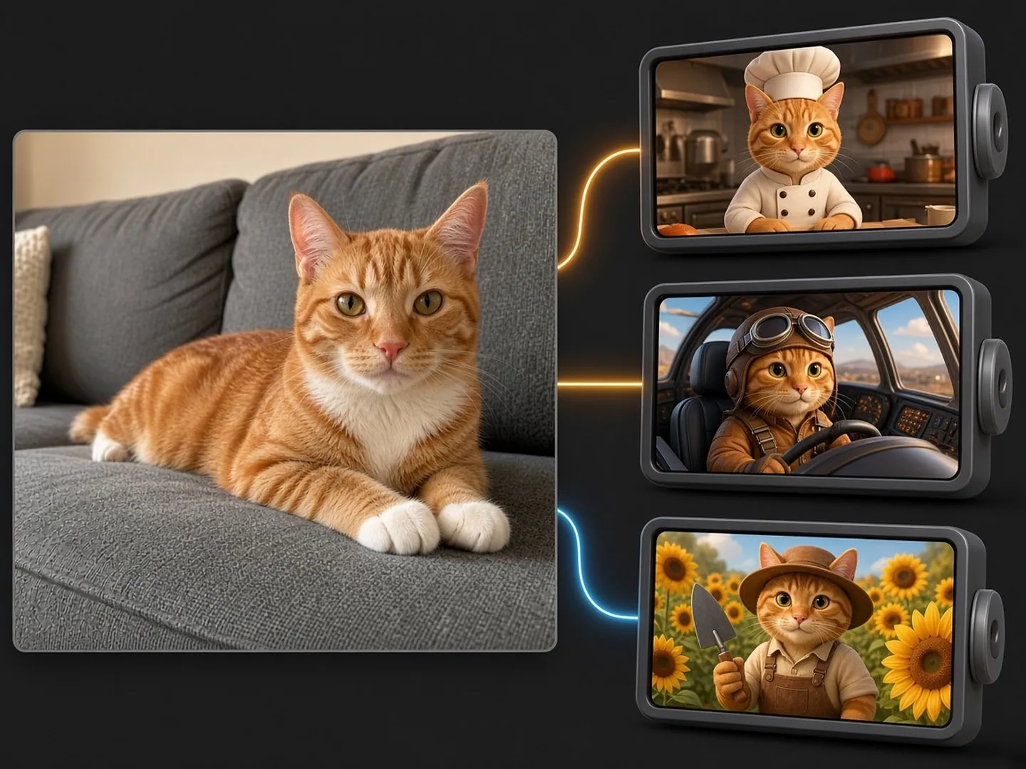 Foto de referência de um gato ao lado de personagens criativos inspirados em sua aparência