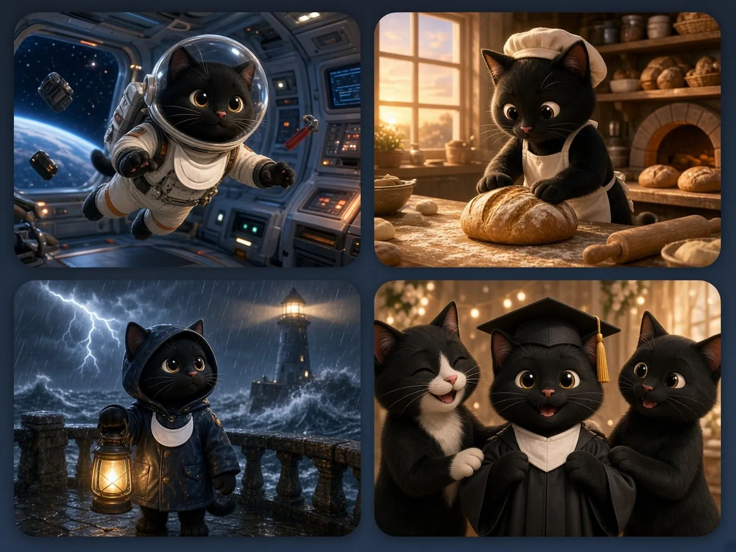 Exemplos criativos de um gato astronauta, padeiro, faroleiro e formando