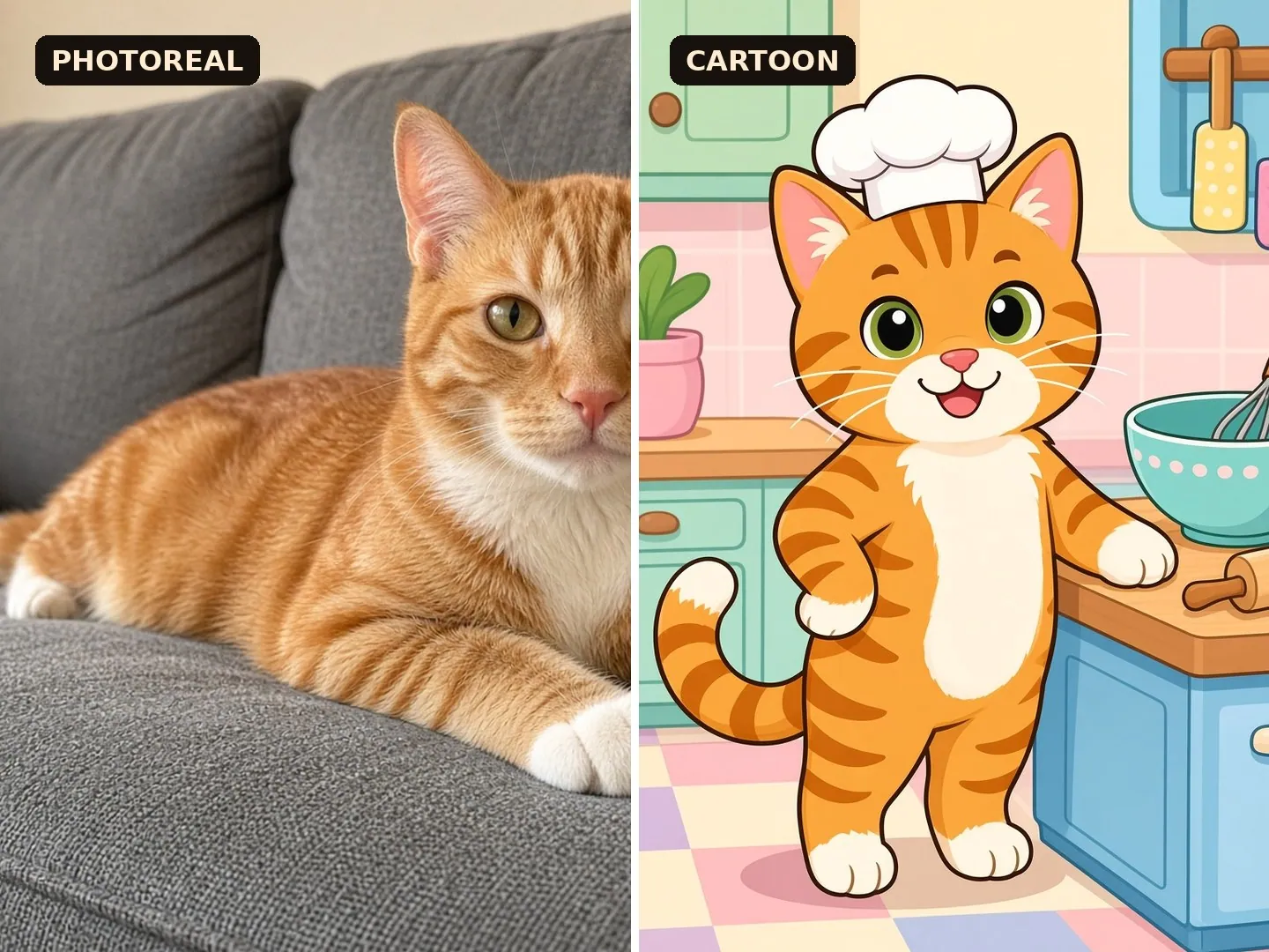 Gato fotorrealista ao lado de um personagem de desenho para comparar estilos