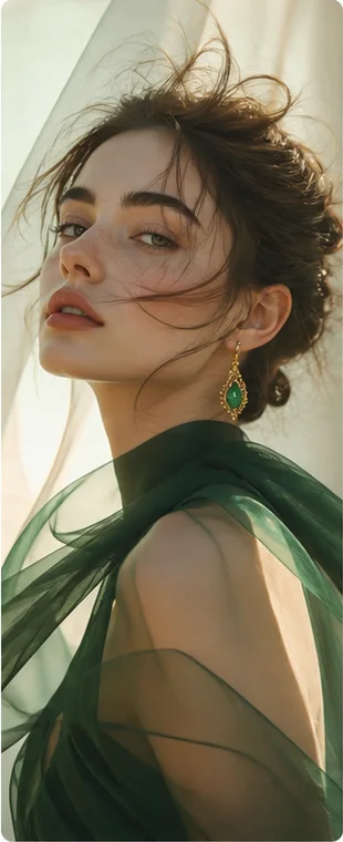 A photoreal portrait with flowing emerald fabric