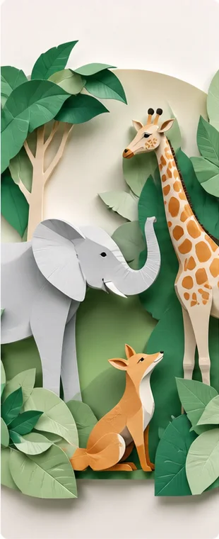 Three paper-cut animal characters arranged in a leafy scene