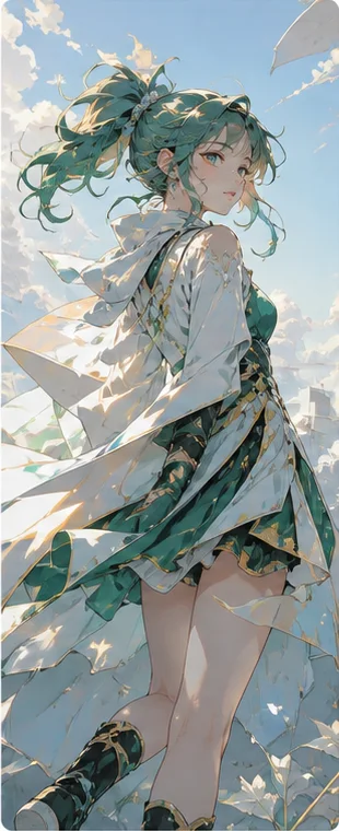 An original teal-haired illustrated character beneath a bright sky