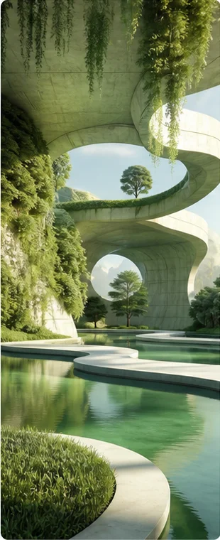 A luminous green architectural garden created with AI