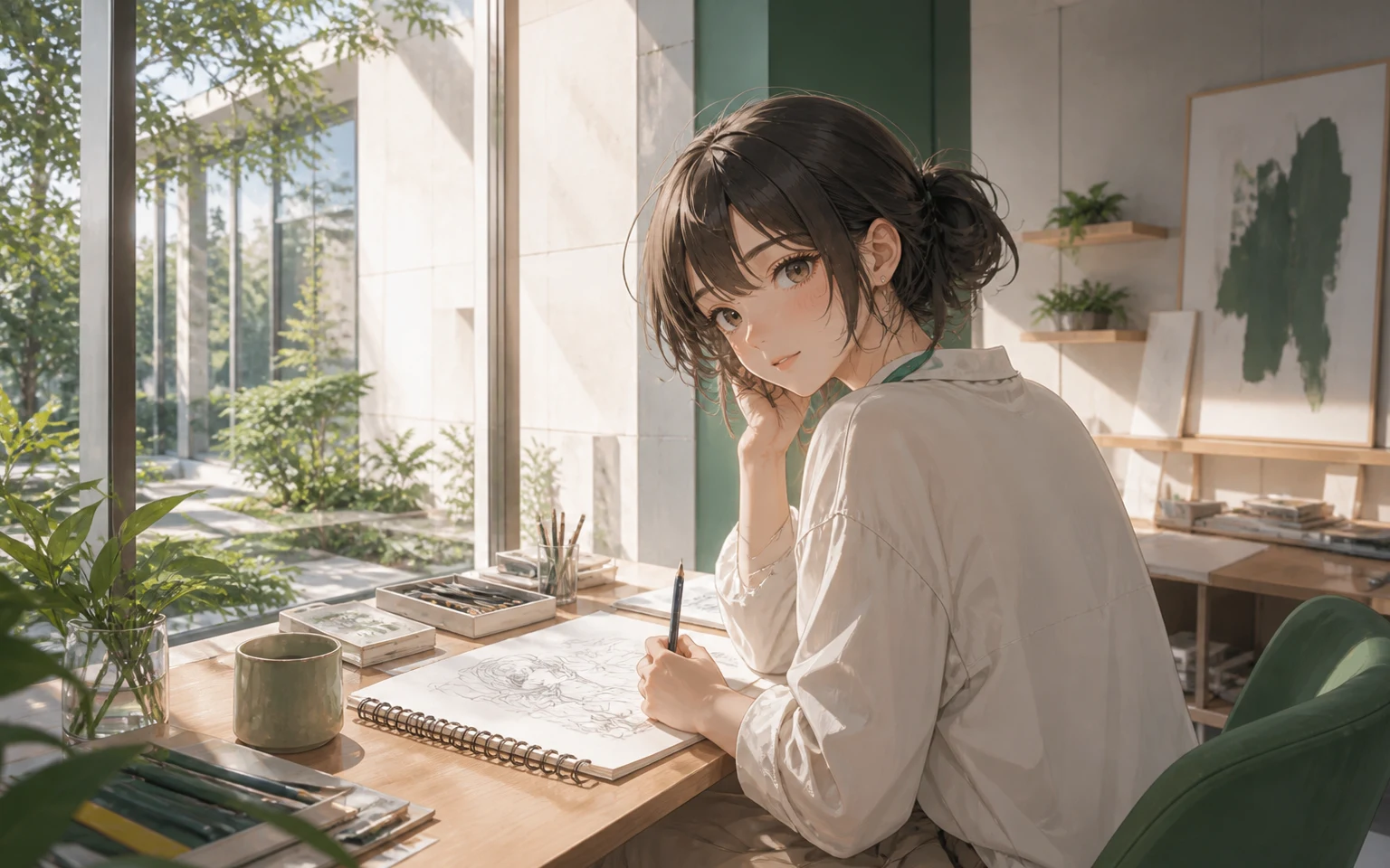 A semi-realistic anime scene with lush green landscape created from a prompt