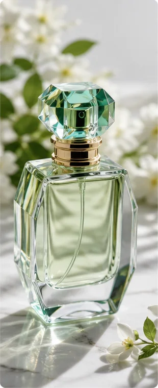 A crystal perfume bottle composed with botanical references