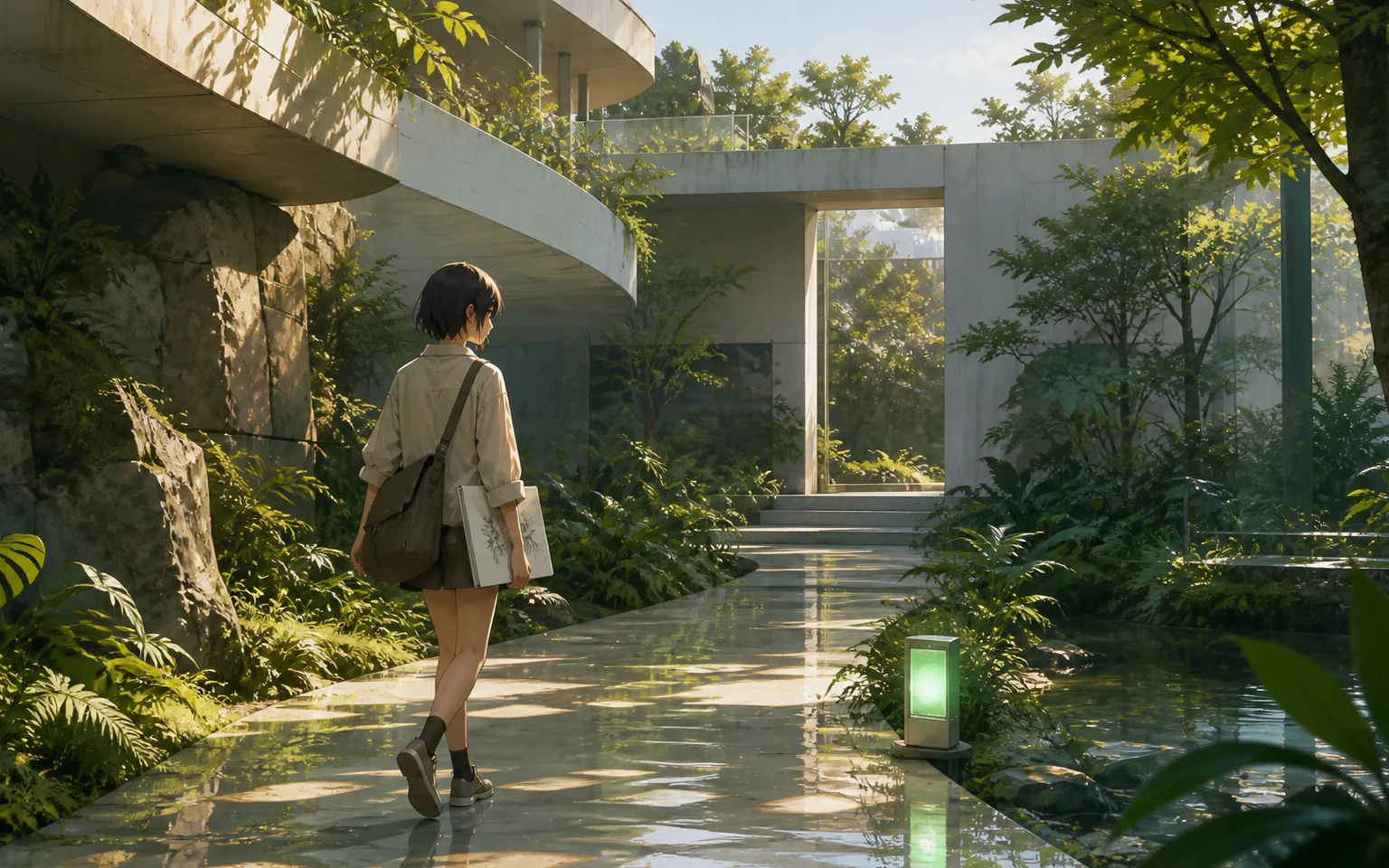 Coordinated visual references combining semi-realistic anime characters and green scenery