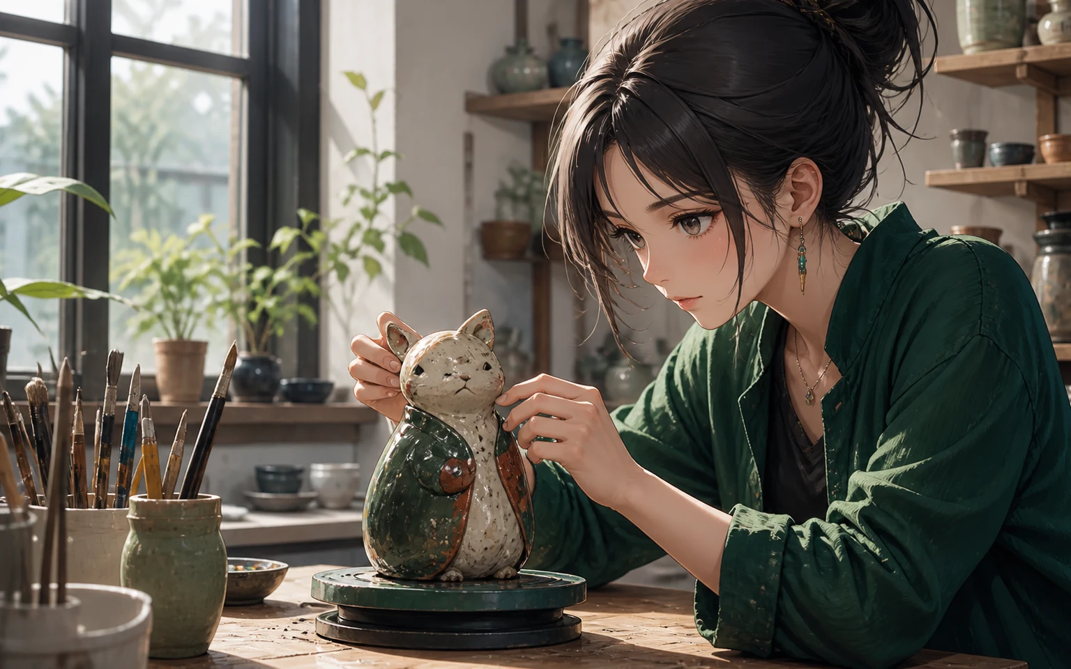 A refined semi-realistic anime character in natural green lighting