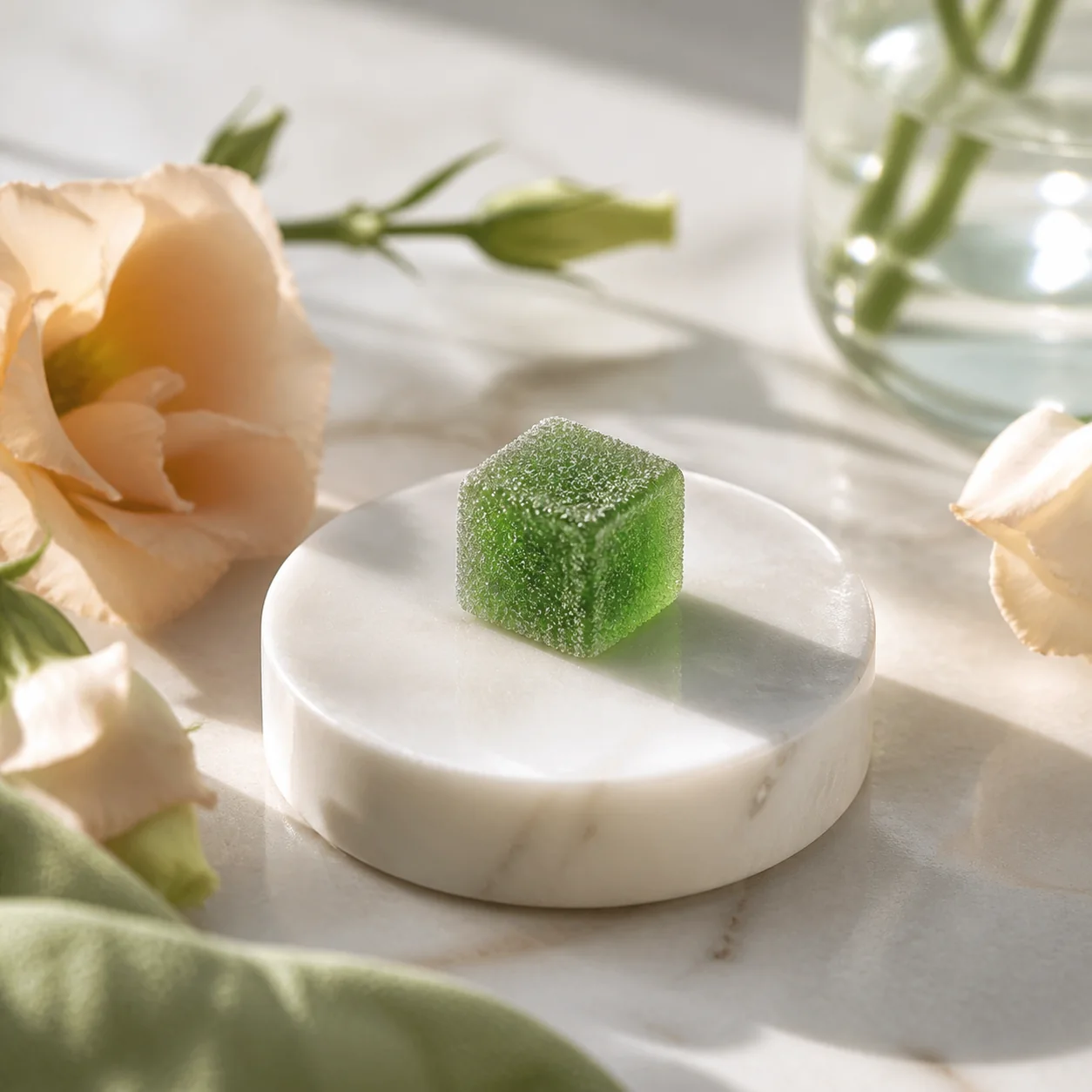 A translucent green sugar cube on a sunlit marble plinth