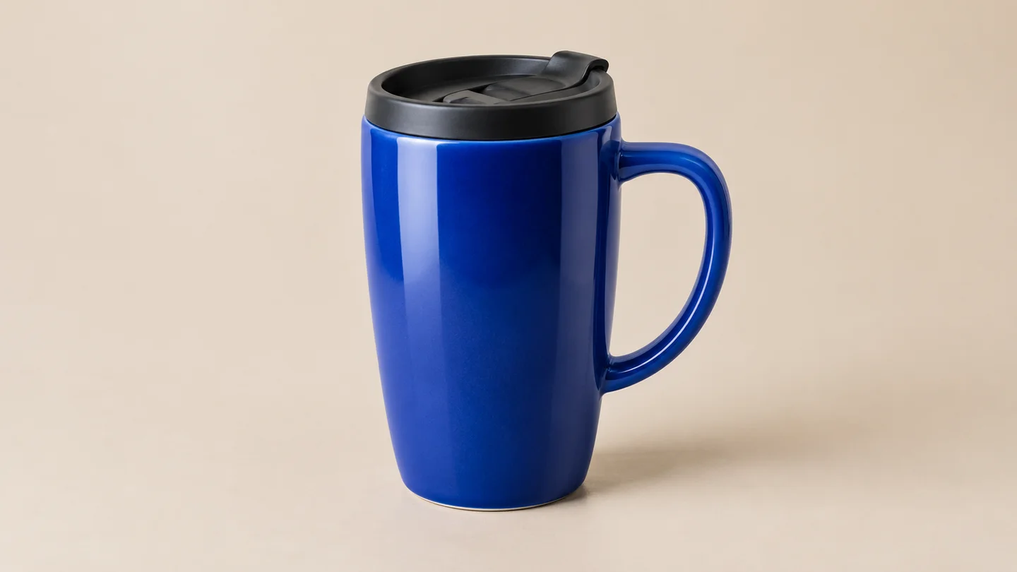 AI image generation example: a blue travel mug in a studio product photo