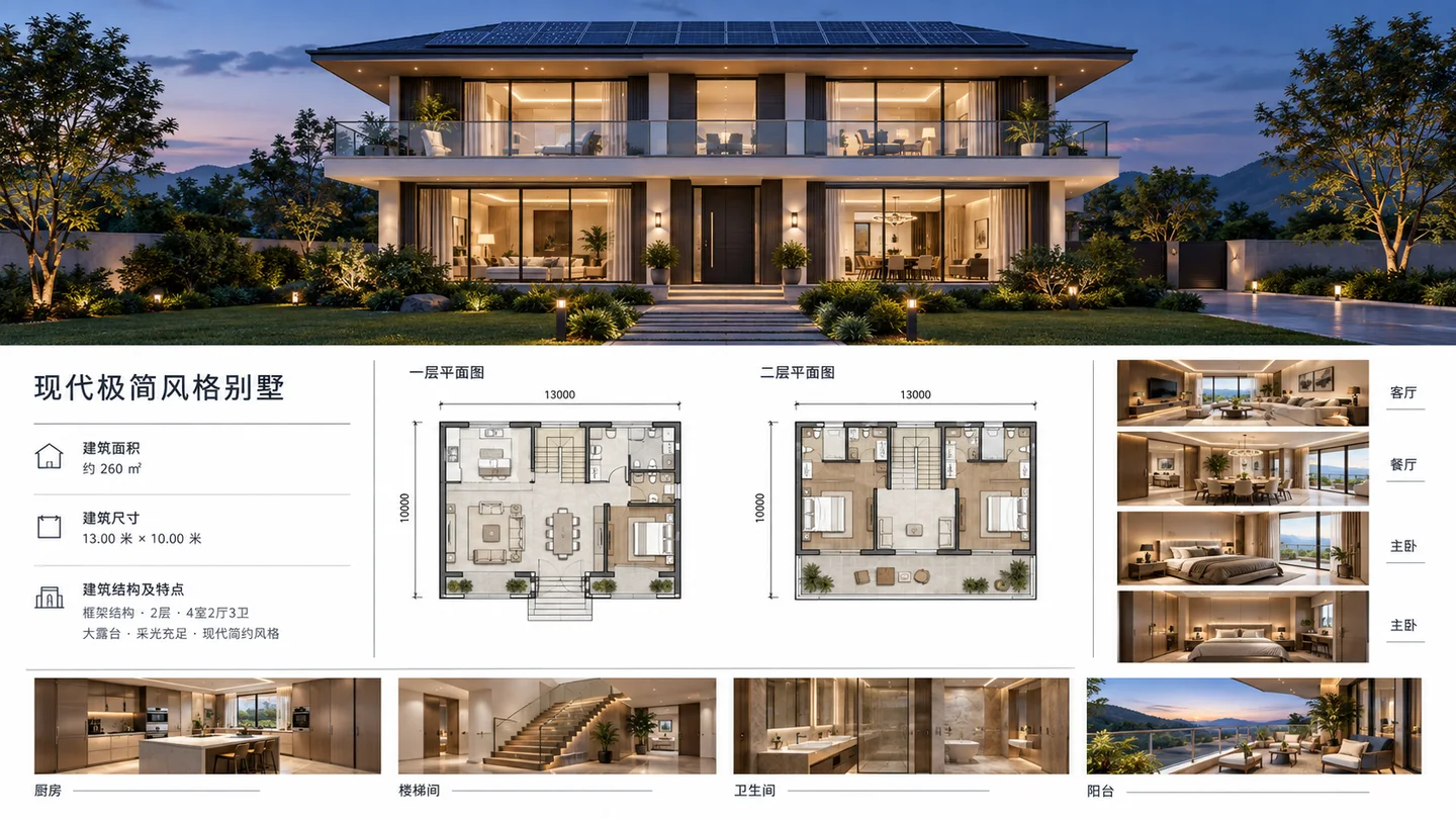 Konzepttafel für eine Villa mit Außen- und Innenansichten