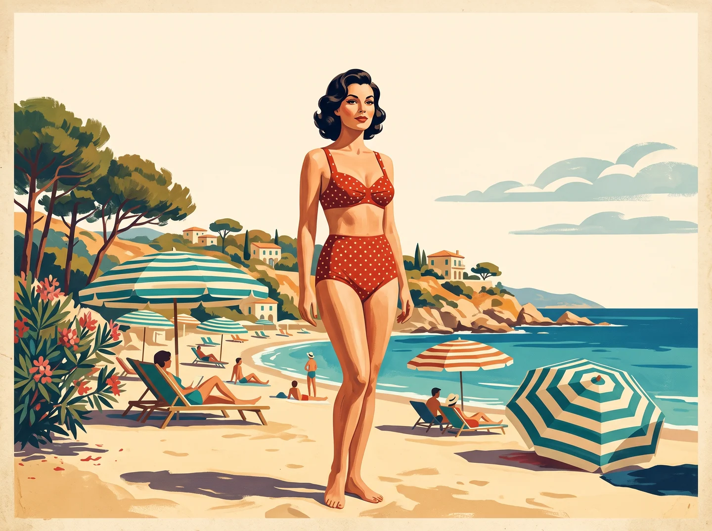 An original adult woman in a red polka-dot bikini stands on a beach in a gouache-style travel-poster illustration.
