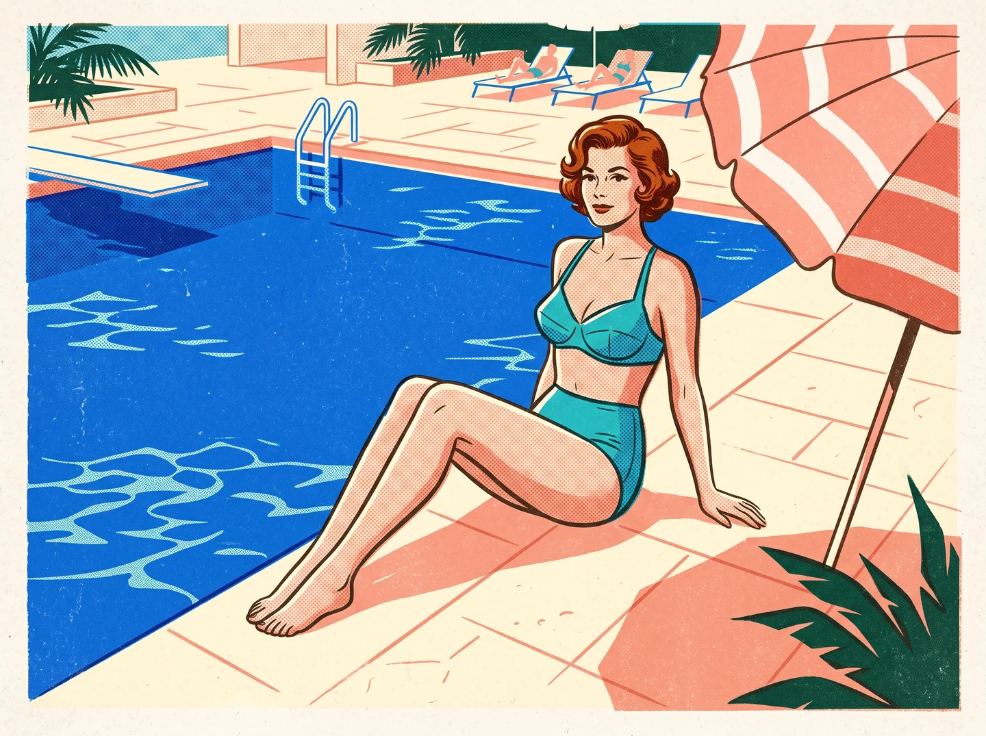 An original adult woman in a turquoise bikini sits beside a geometric pool, illustrated with flat colors and halftone texture.