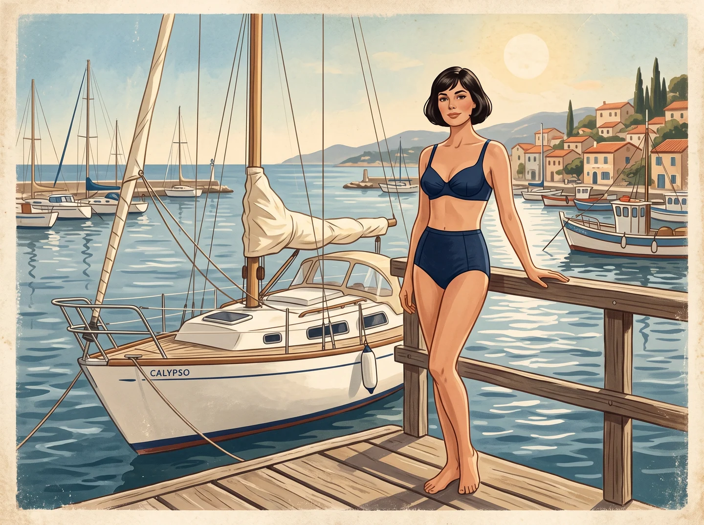 An original adult woman in a navy bikini stands beside a sailboat in a painted nautical postcard concept.