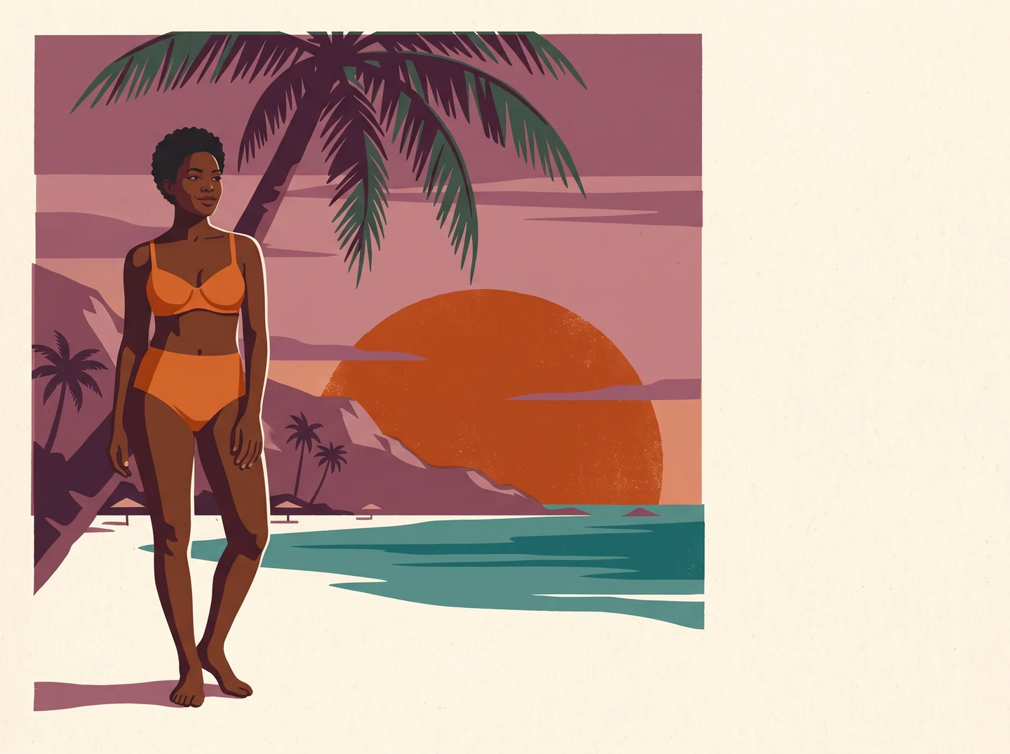 An original adult woman in an orange bikini stands beneath a palm at sunset in a tropical screenprint illustration.