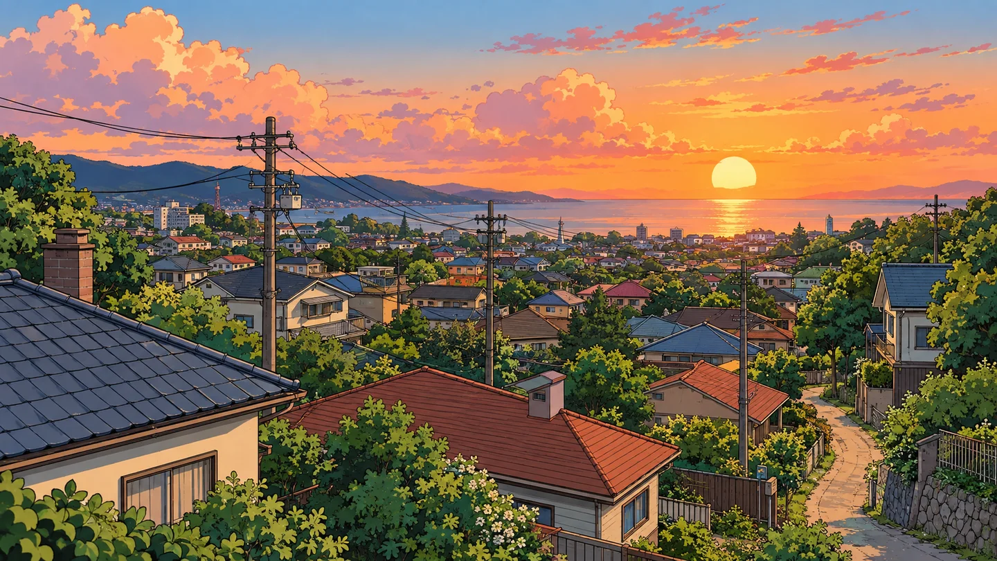 Illustrative neighborhood scene at sunset