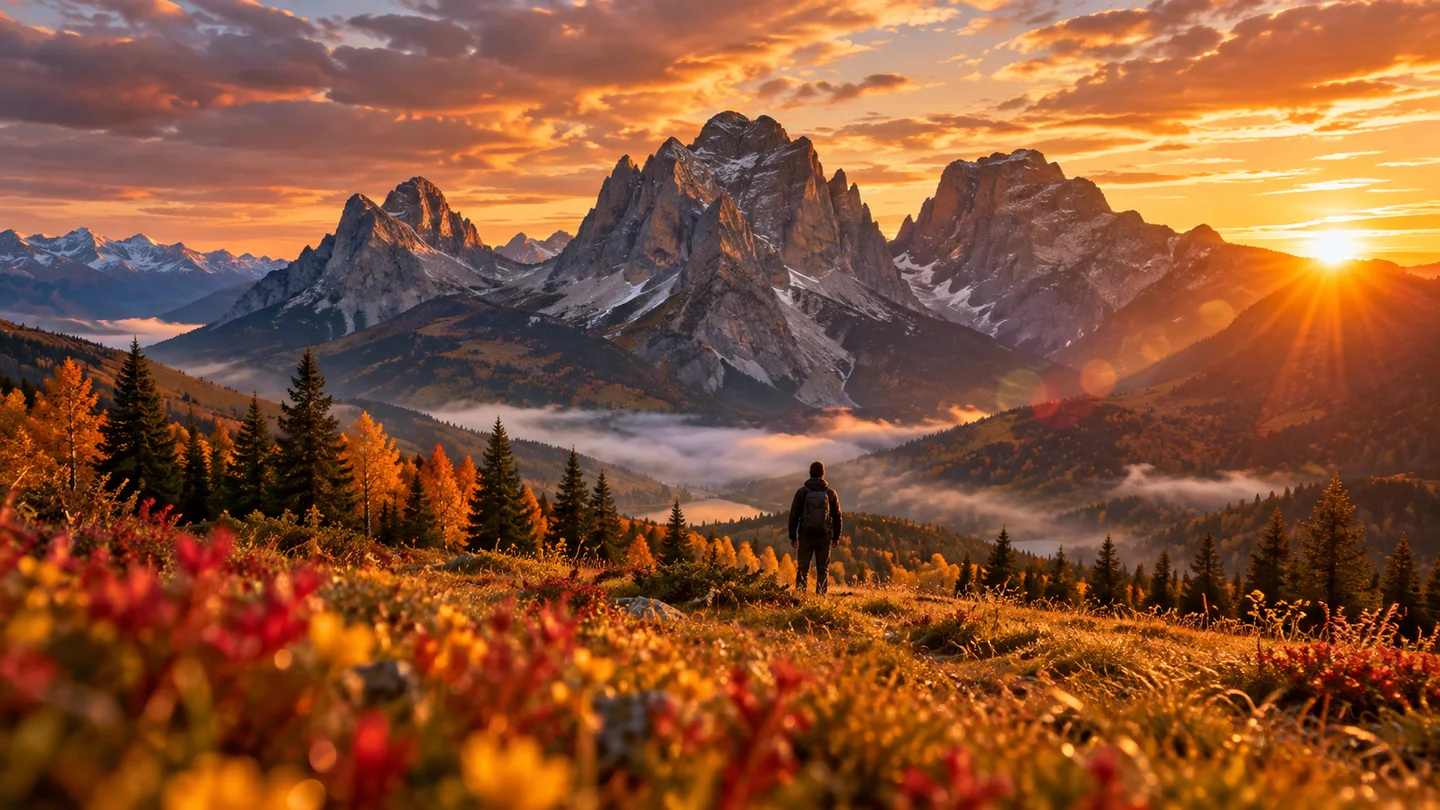Illustrative traveler overlooking an outdoor landscape