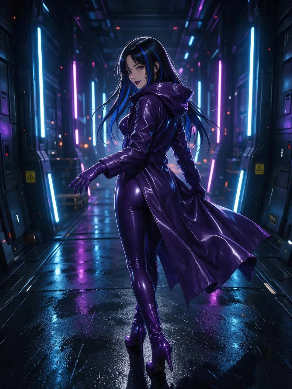 Full-body cyberpunk anime character in a glossy purple trench suit walking through a neon corridor