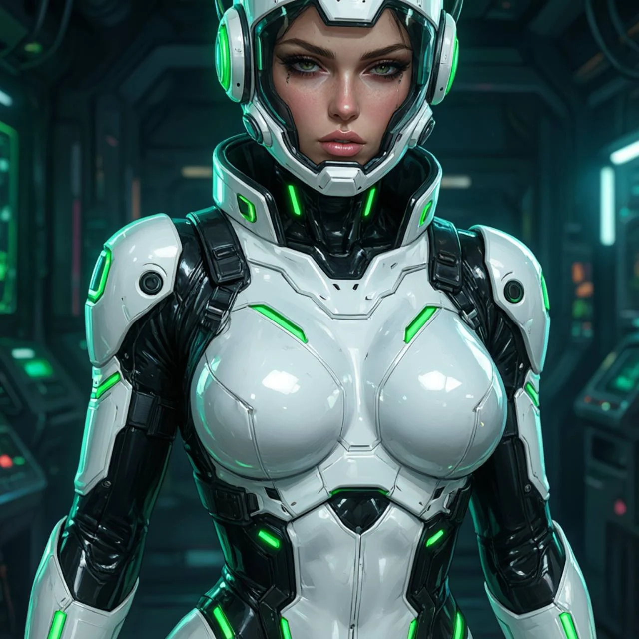 Cyberpunk anime character in a white and black tactical suit with green light accents
