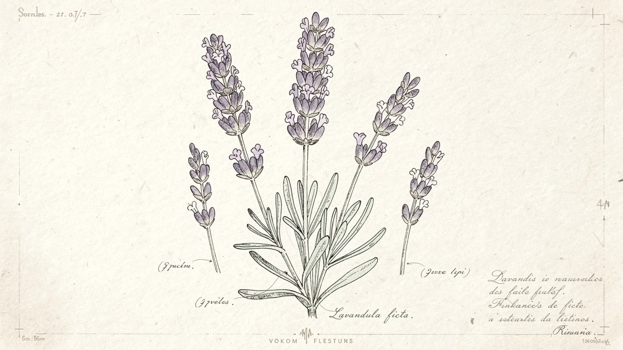 Ilustrasi botani lavender dengan garis tinta dan arsiran pensil pada kertas bertekstur