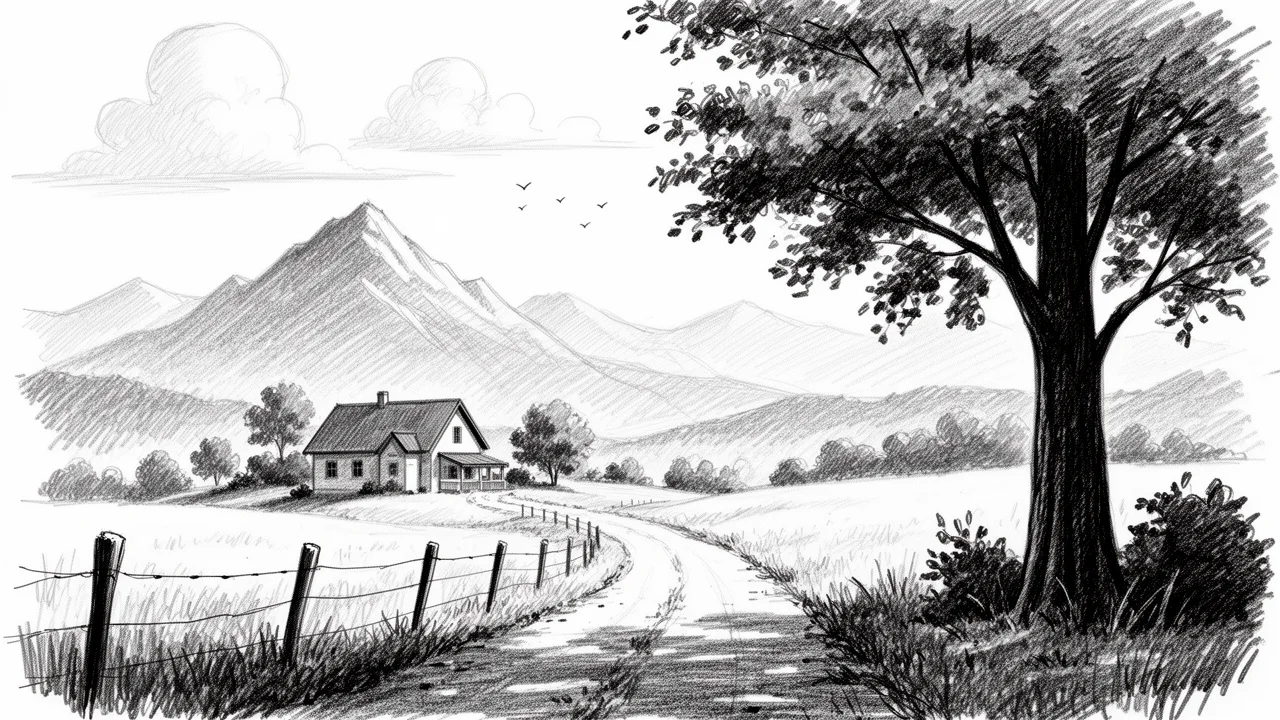 包含蜿蜒小路与前景大树的乡间山谷铅笔风景画