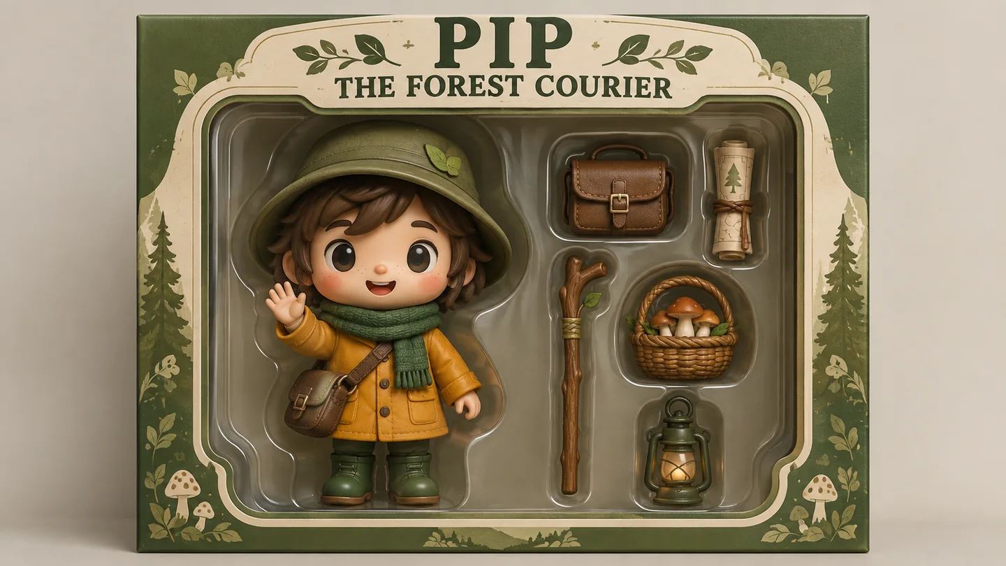 Forest courier collectible figure with accessories in green and cream packaging