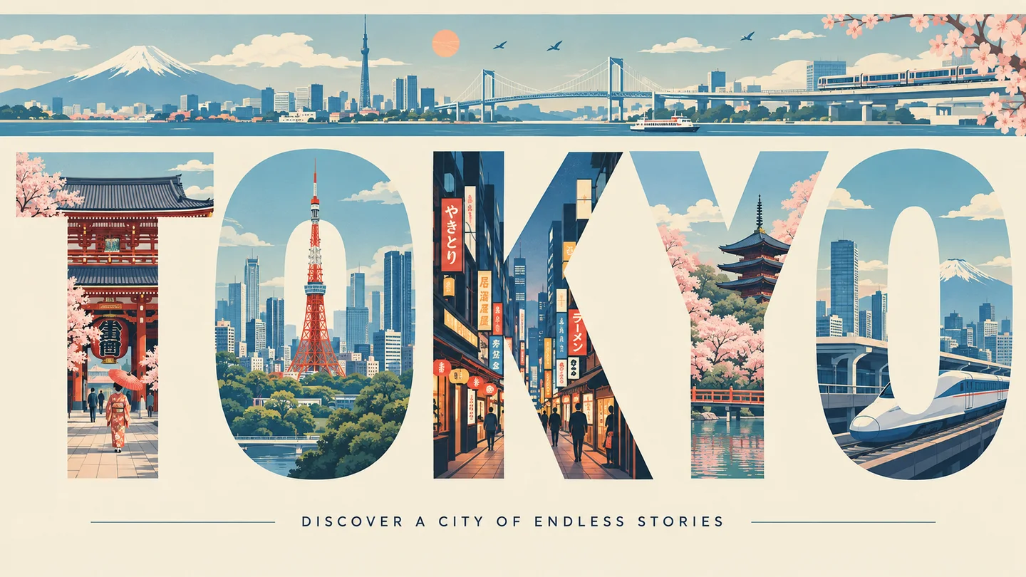 Tokyo travel-poster concept with illustrated city scenes inside large letters