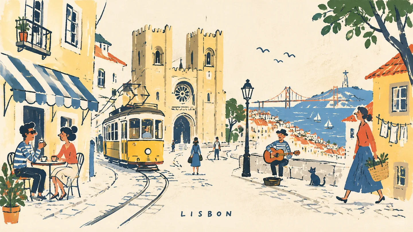 Playful Lisbon picture-book scene with landmarks and everyday city details