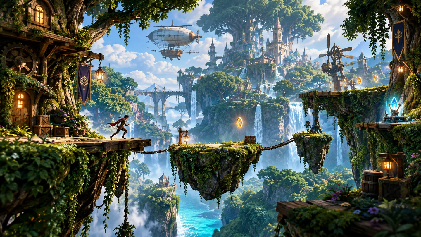Wide fantasy-forest game environment concept with a route through the scene