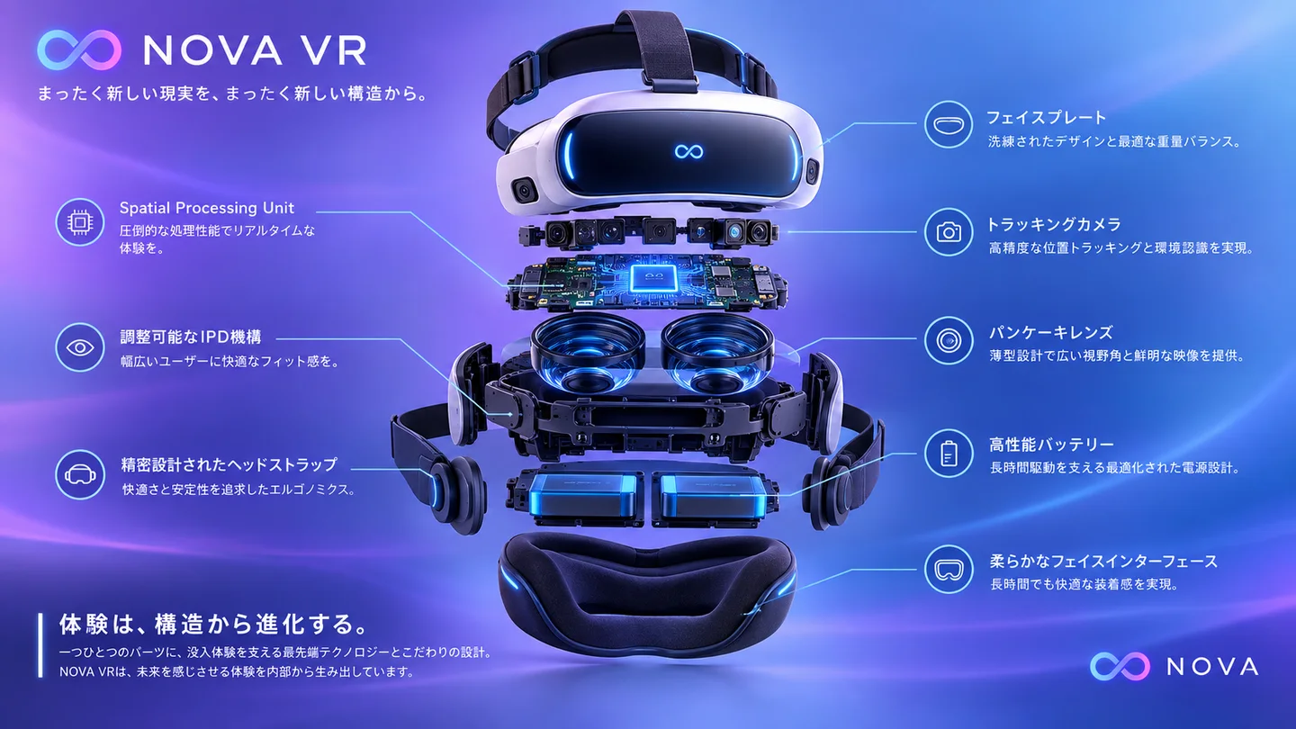 部品とラベルを分けて配置したVRヘッドセットの説明用イメージ
