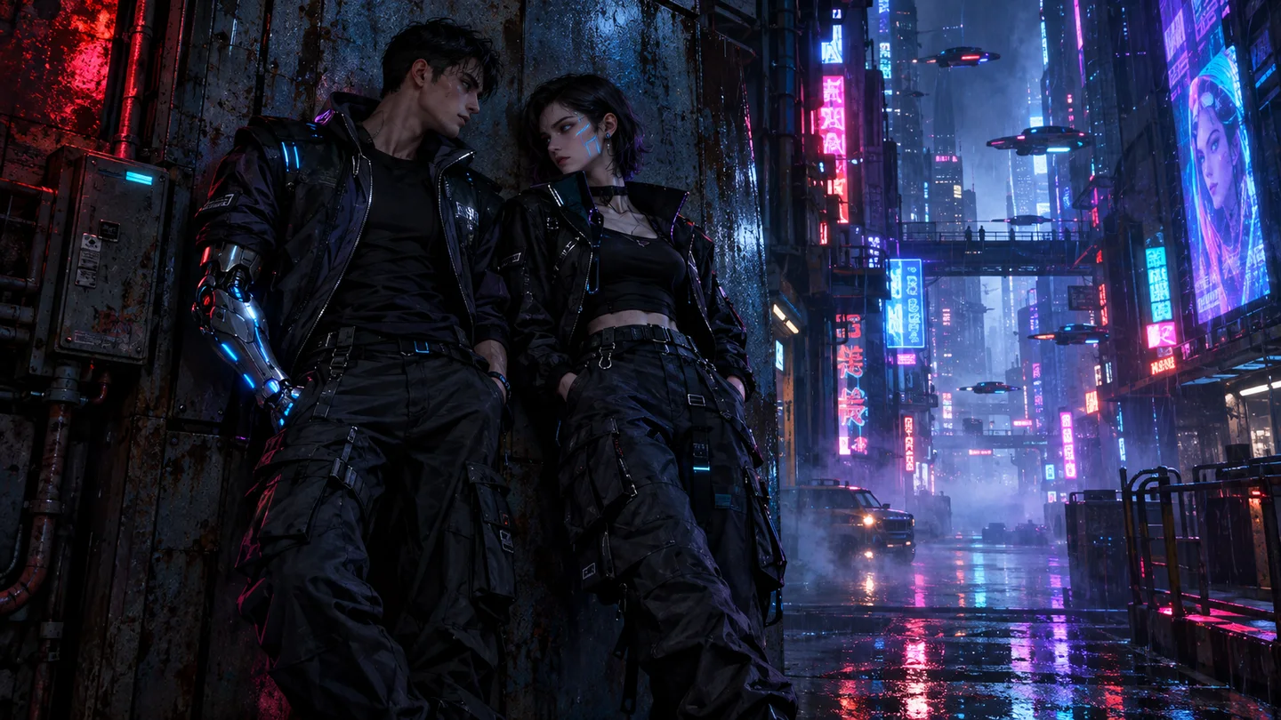 Illustrative fictional pair in a cinematic urban setting
