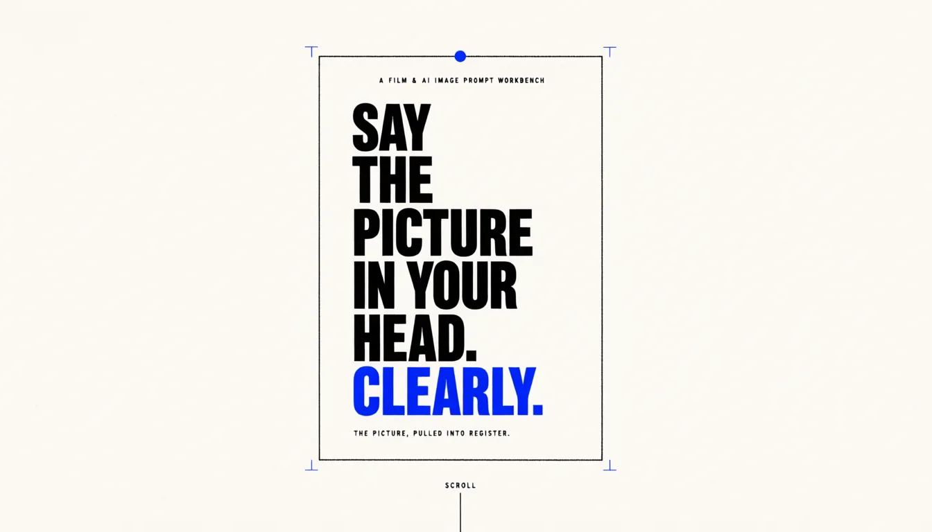 Poster editorial minimal dengan lembar cetak berbingkai dan tanda sudut biru