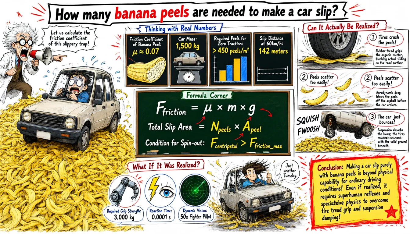 Ilustrasi bergaya komik yang membahas mobil dan kulit pisang sebagai pertanyaan sains