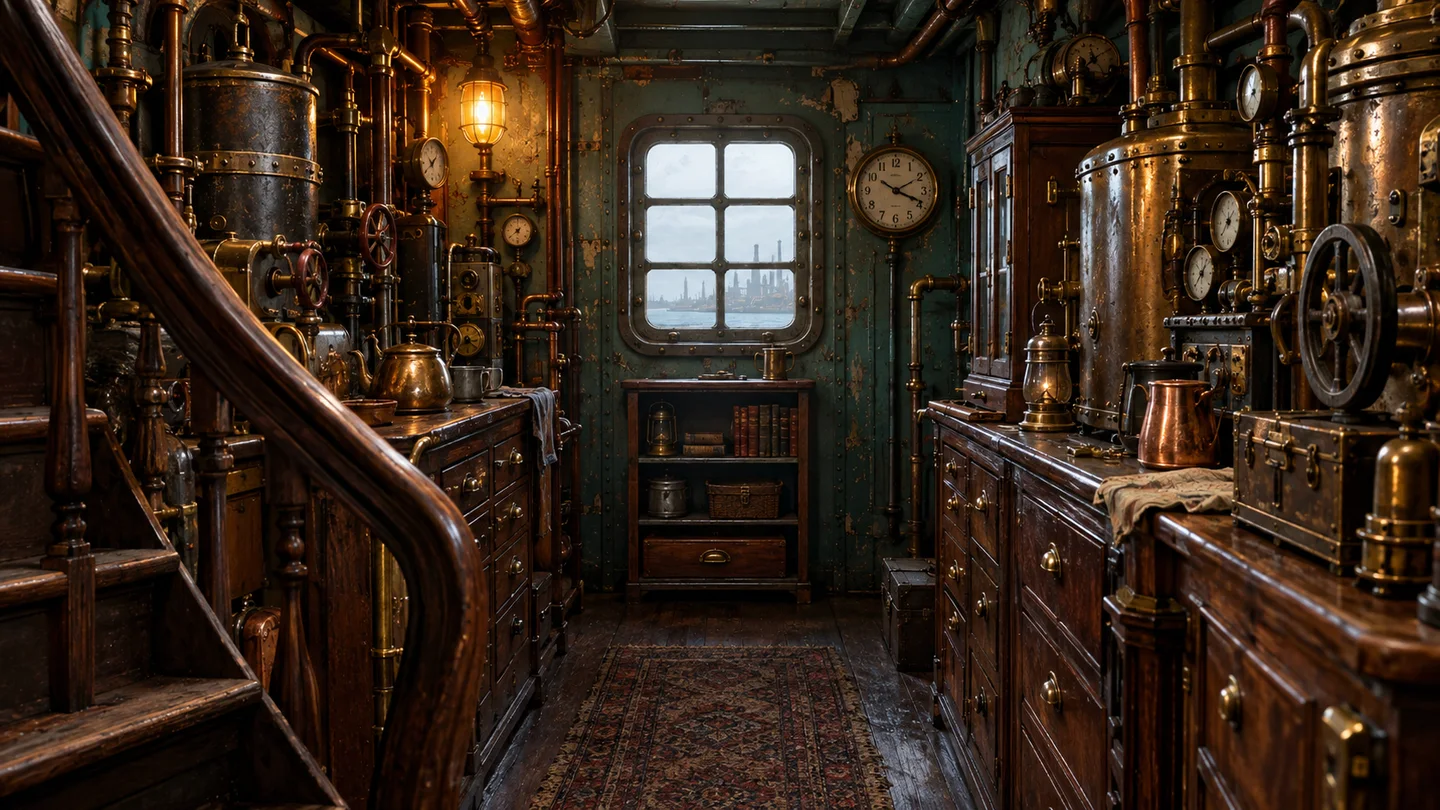 Realism enhancement example: warm light and detailed brass surfaces in a cabin