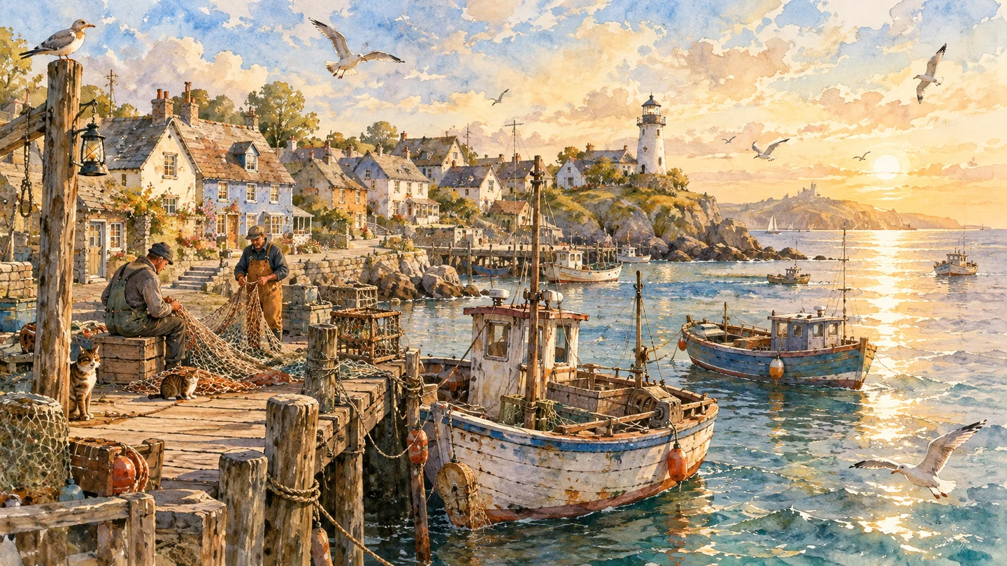 Port à l'aquarelle avec bateaux, cottages en pierre et lumière chaude du soir