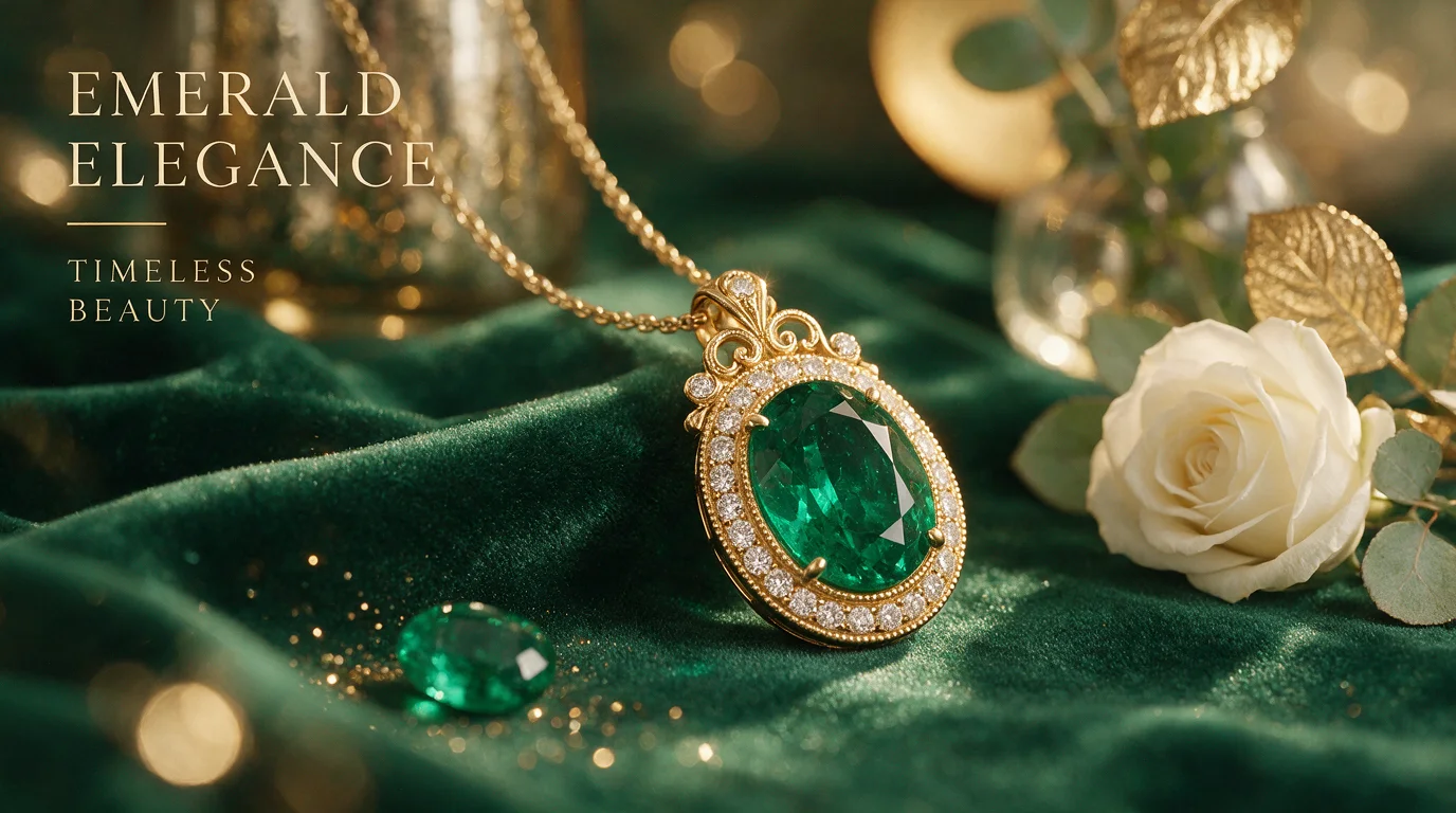 Illustrative gold pendant with an oval green gem on velvet