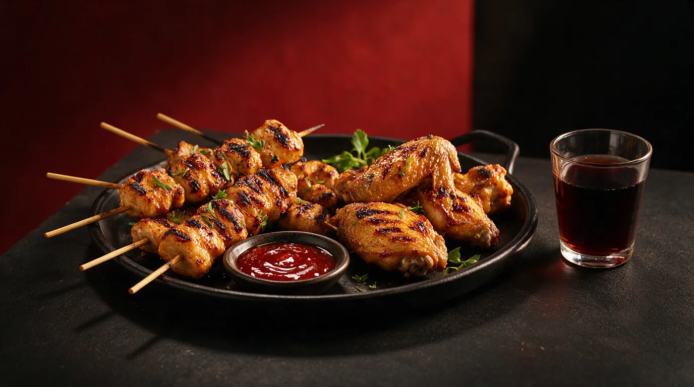 Evening barbecue menu concept with skewers, wings and a plum drink