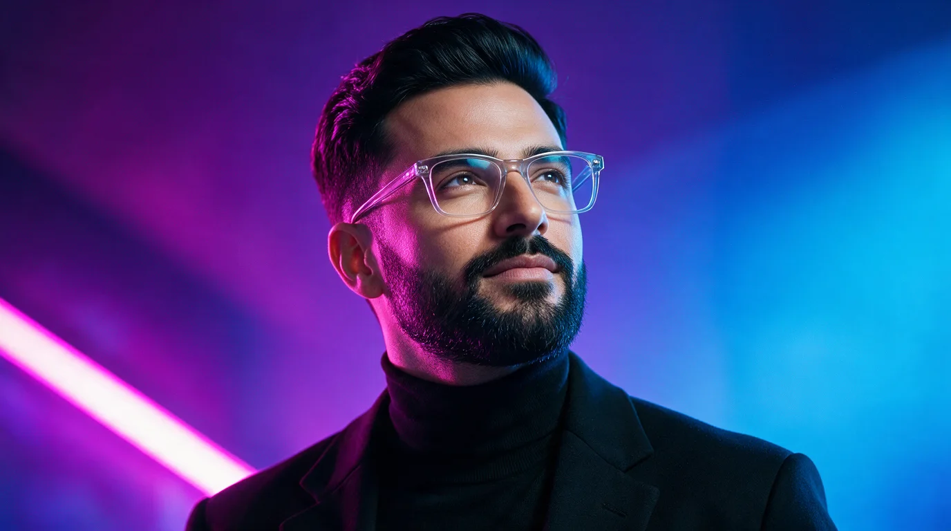 Editorial studio portrait concept of an adult man wearing clear glasses