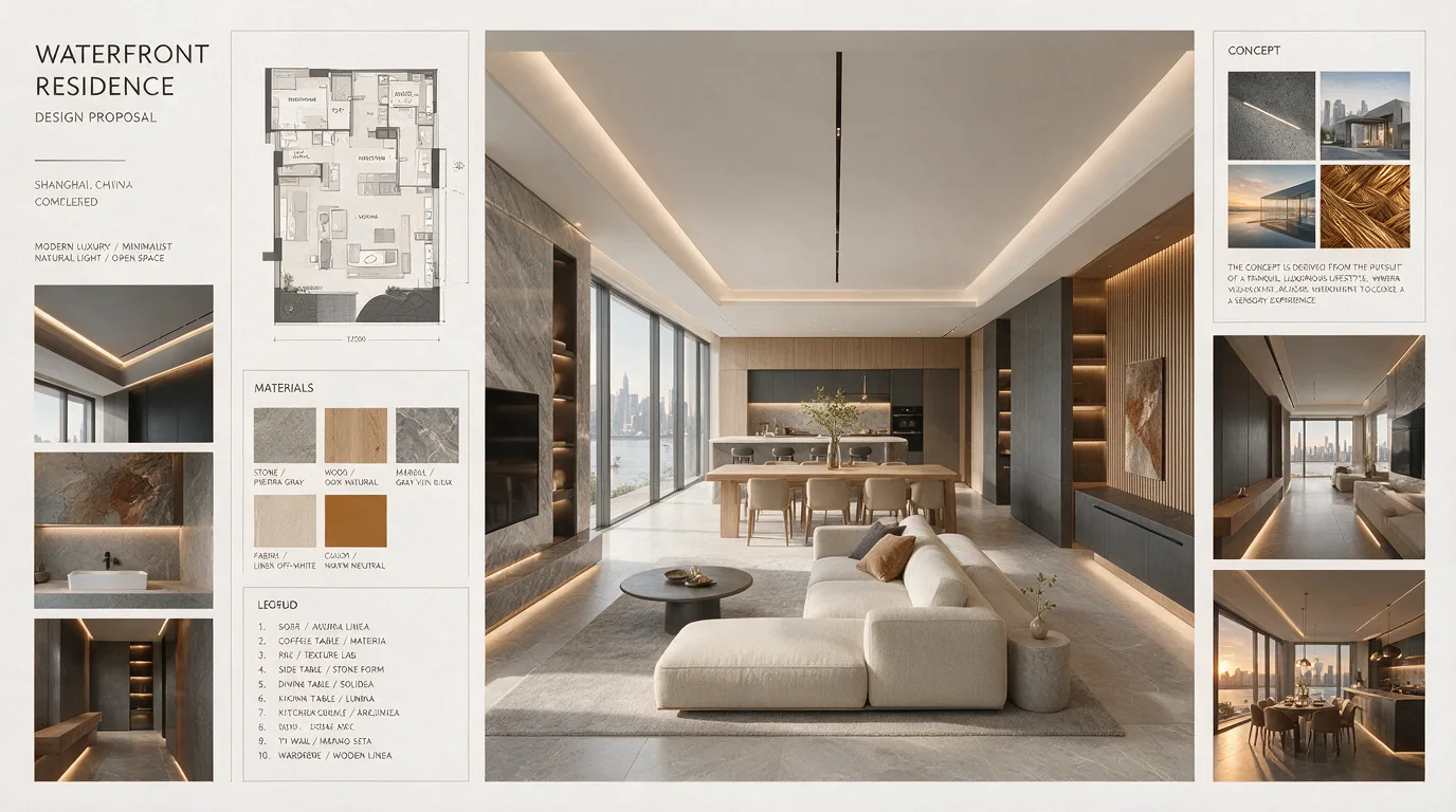 Open-plan residential interior concept with pale wood and large windows