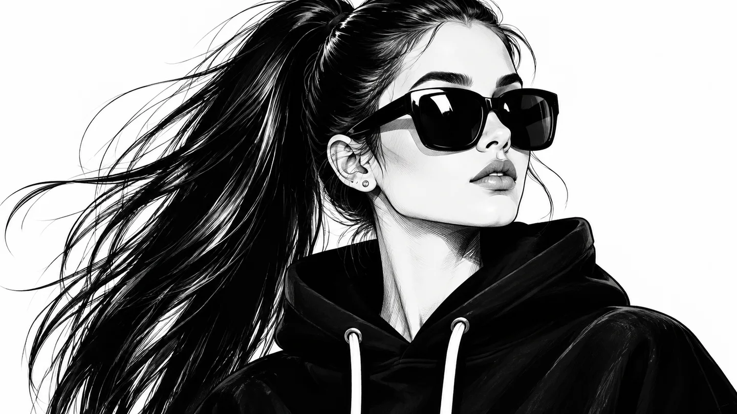 Illustrative monochrome avatar with fine ink lines
