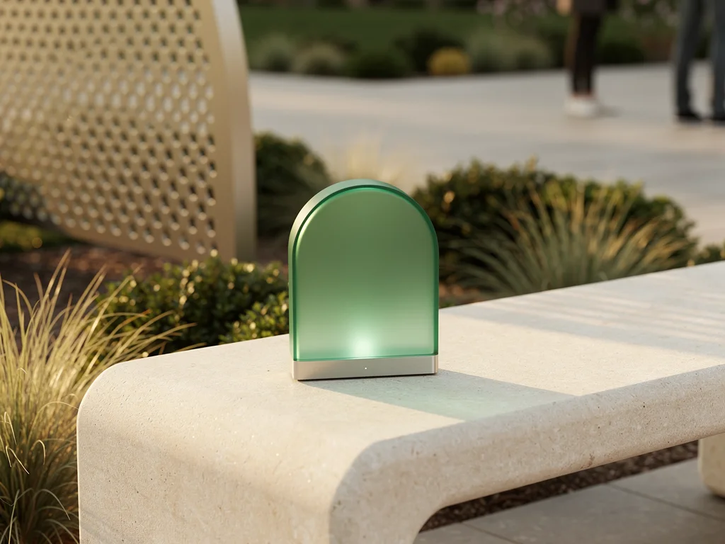 AI-generated clean outdoor campaign scene using emerald forms and warm daylight