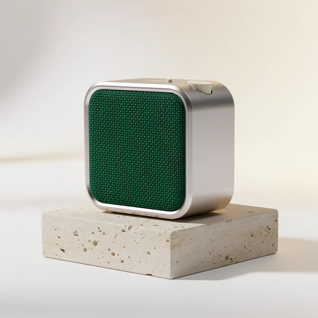 AI-generated emerald audio product visualization in a bright studio setting
