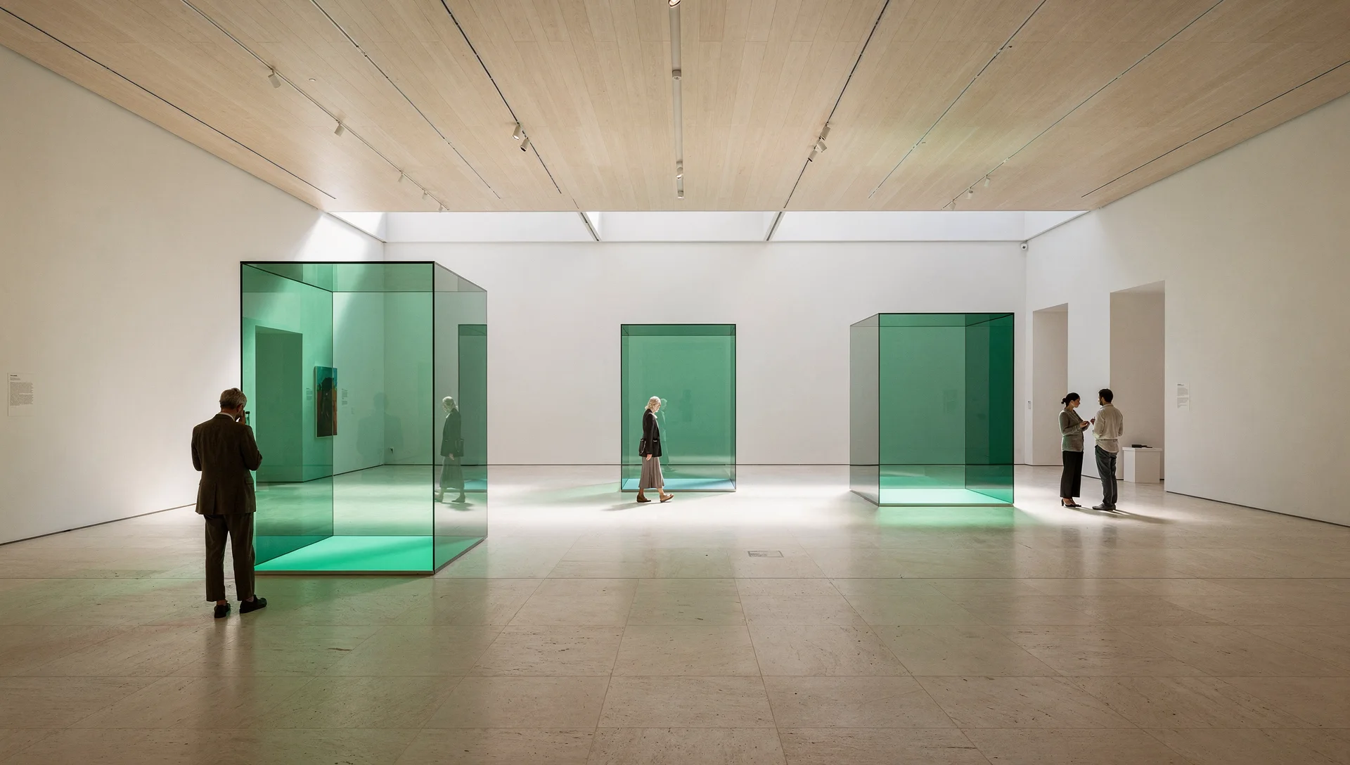 AI-generated airy exhibition interior with emerald installations and visitors