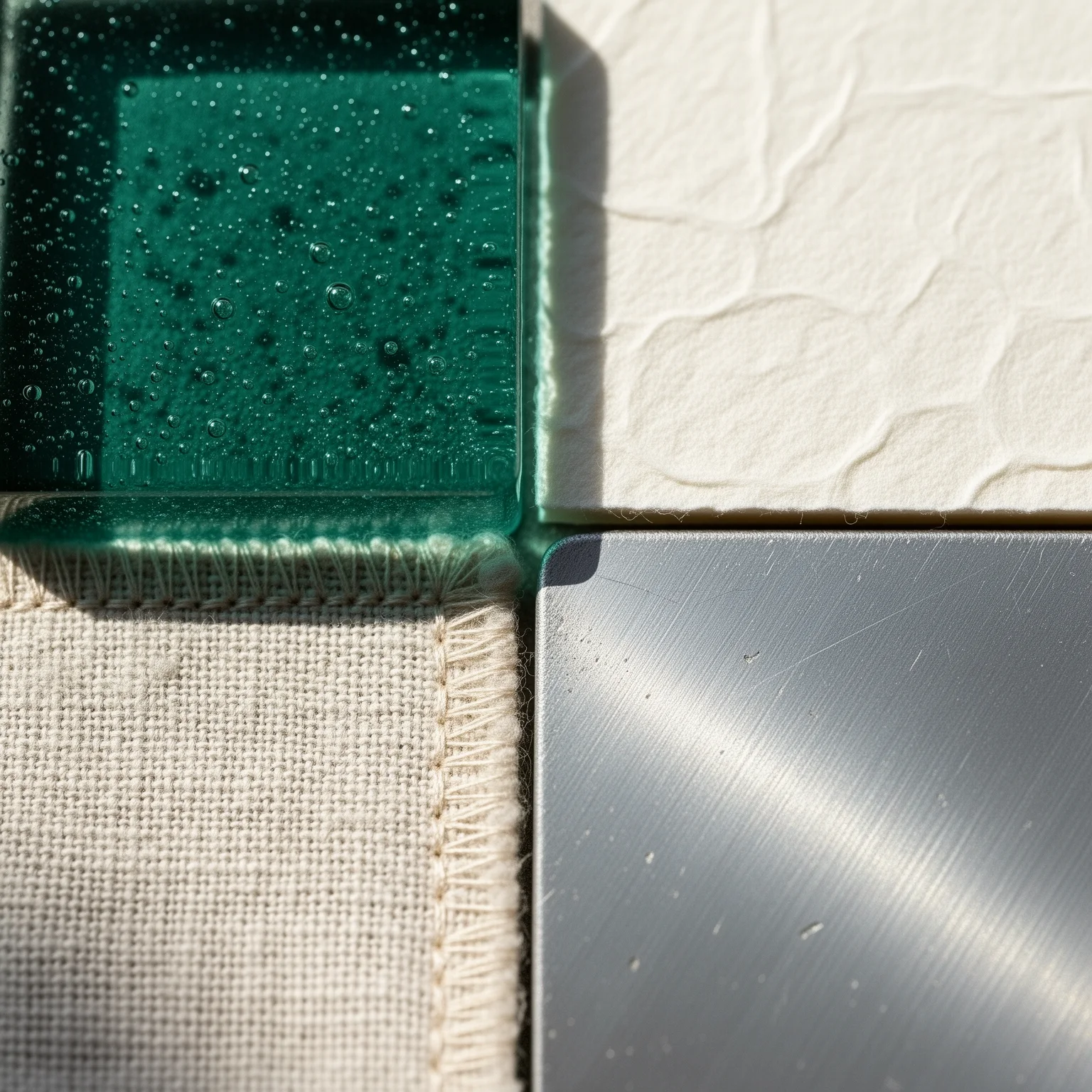 AI-generated close material study of glass, paper, textile, and brushed metal