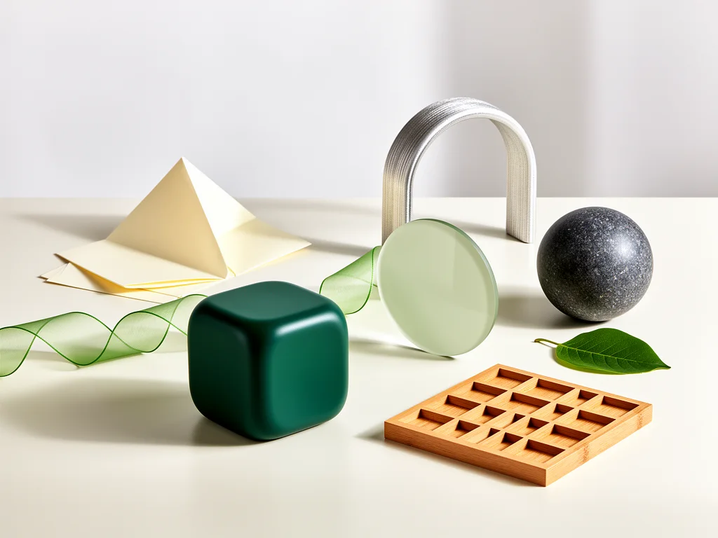 AI-generated modular still-life composition using emerald geometric forms