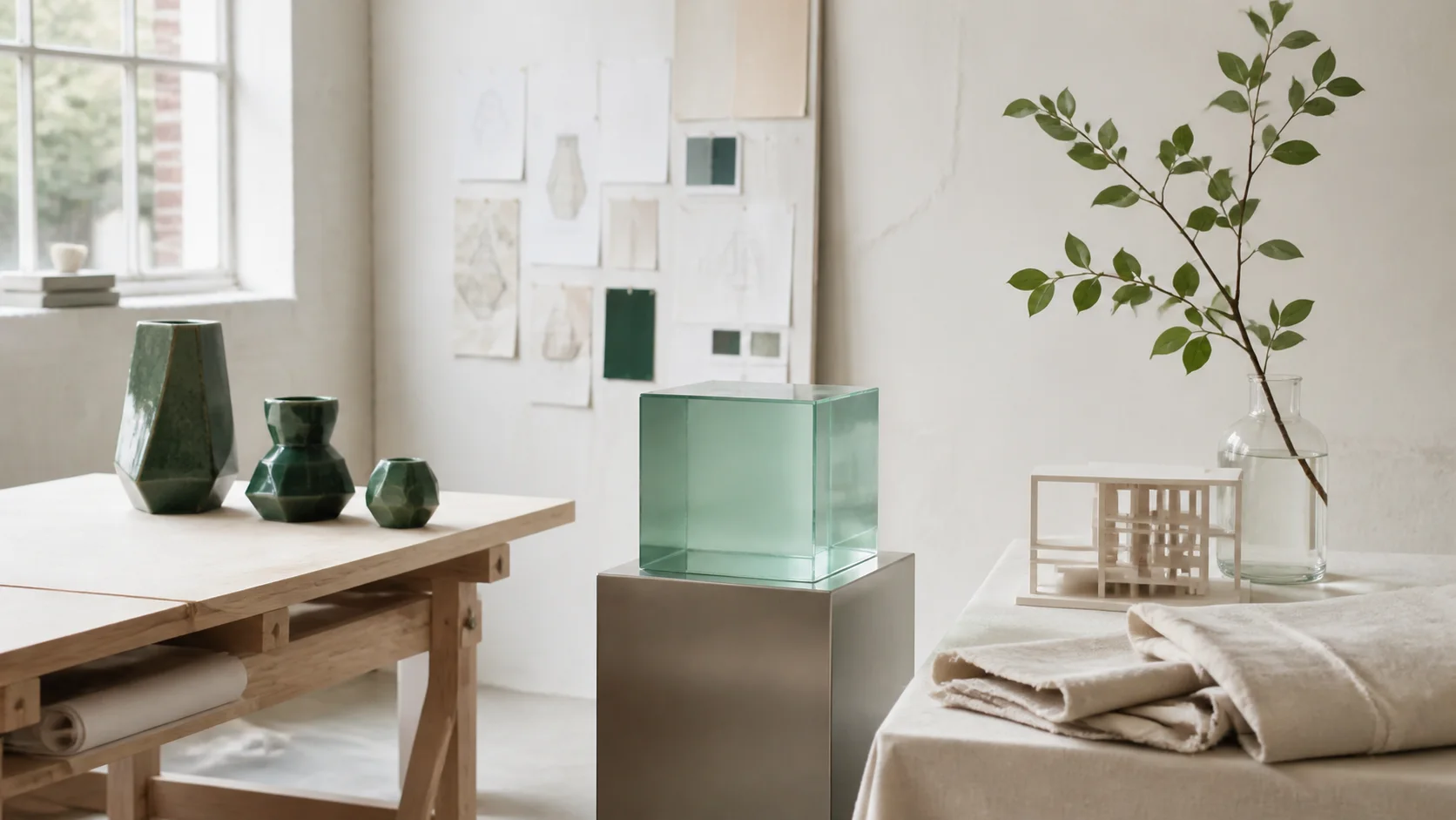 AI-generated design studio scene containing multiple carefully arranged objects