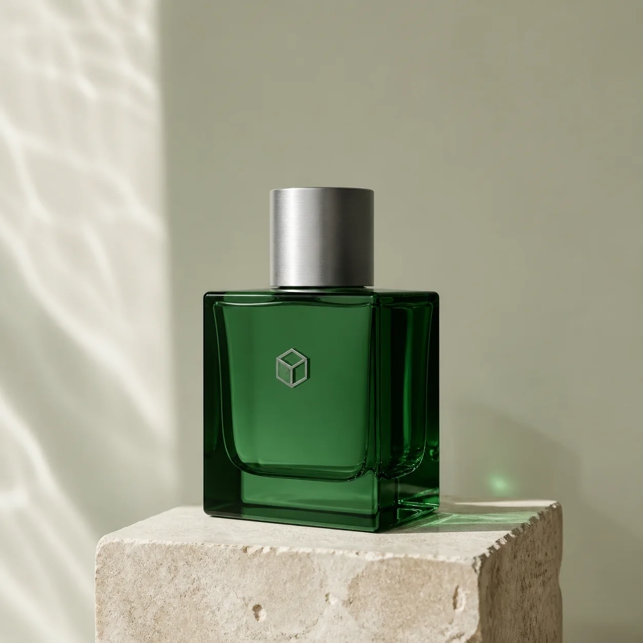 AI-generated premium green fragrance bottle in a bright product studio