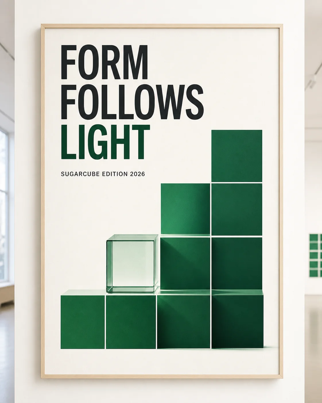AI-generated emerald exhibition poster with clear editorial typography