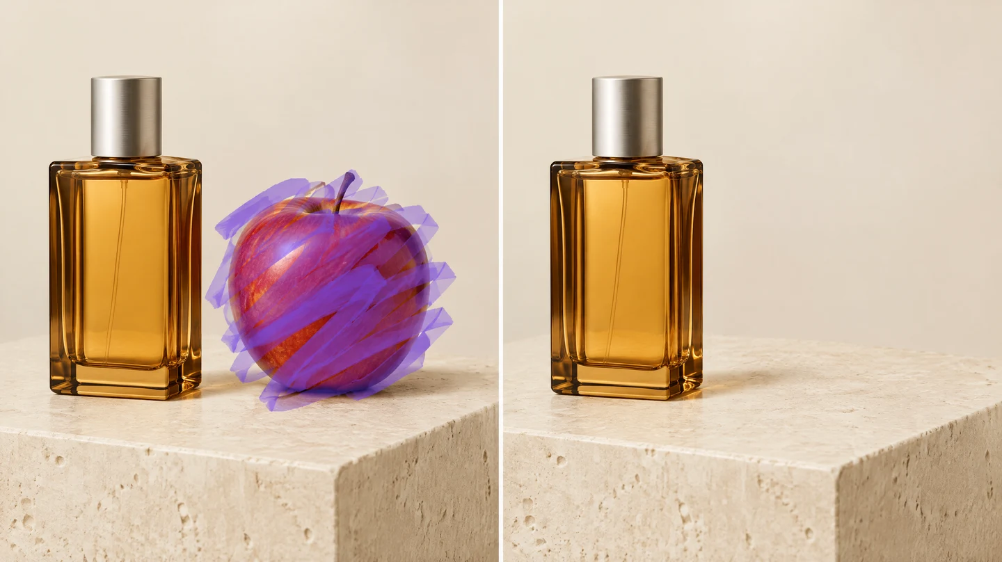 GPT Image 2.5 concept diptych: purple selection over an apple on the left and an imagined object-removal result on the right