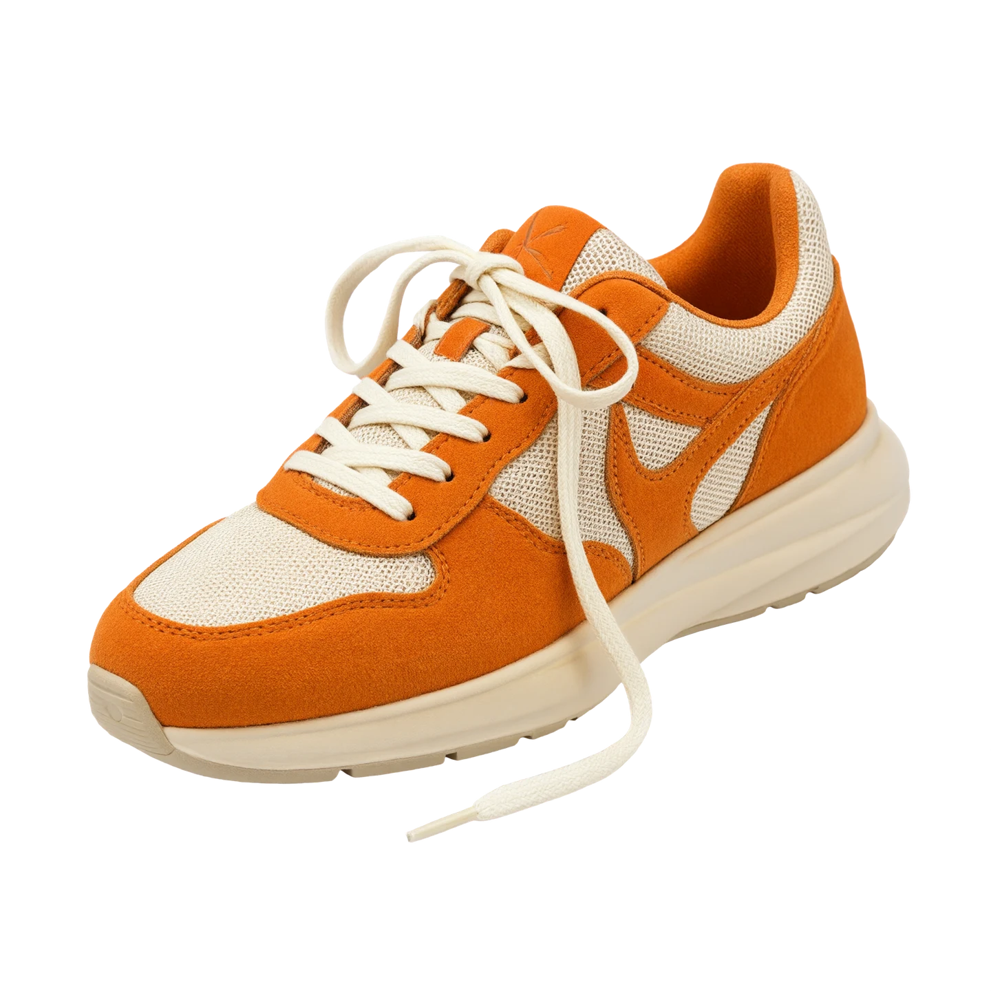 Original Qwen Image 2.1 transparent PNG of an orange-and-ivory sneaker, displayed over a checkerboard