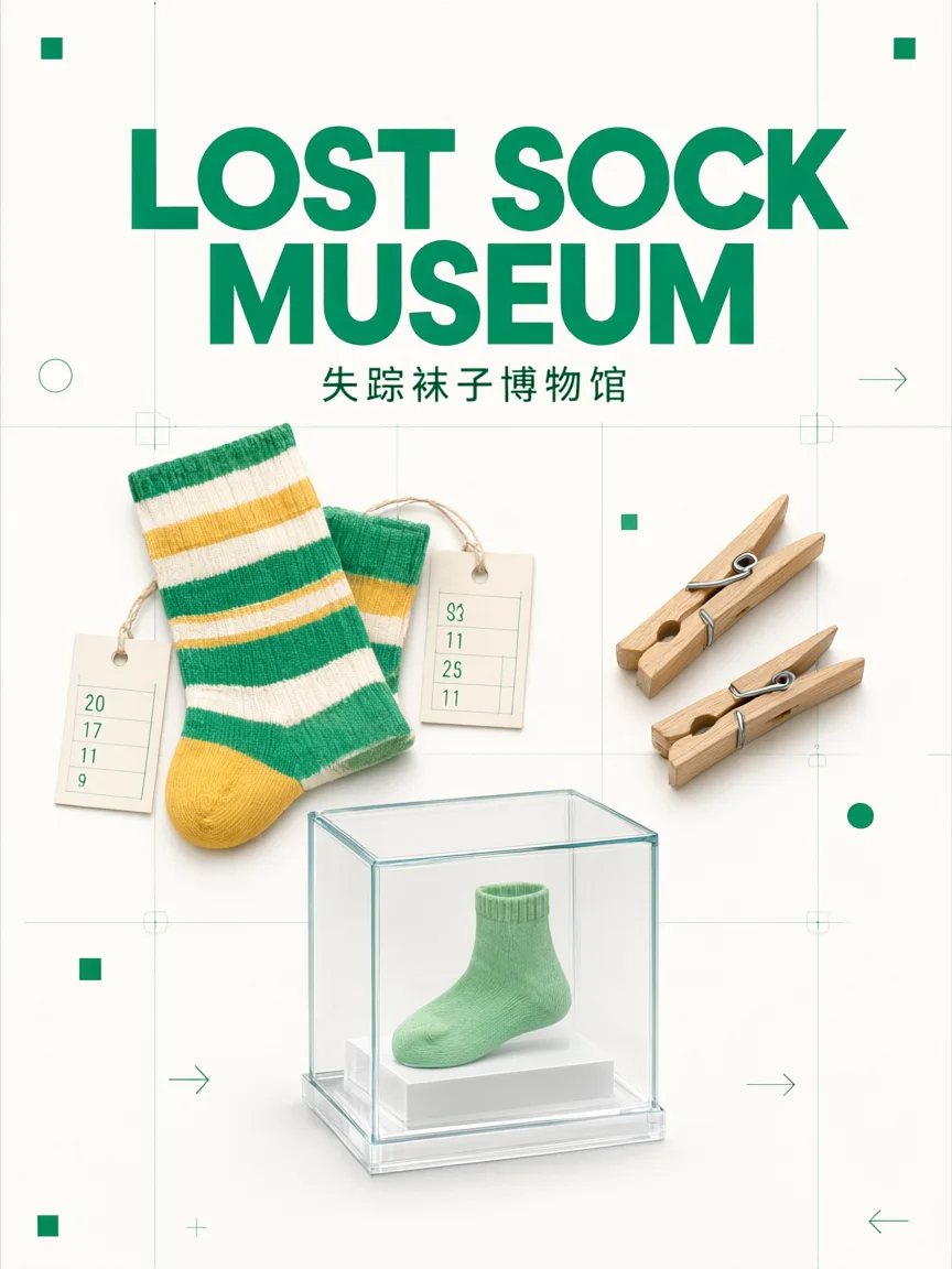 AI-generated Lost Sock Museum exhibition poster with playful archival objects and emerald typography